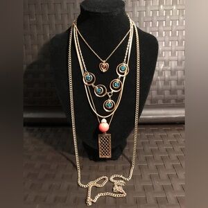 5 pcs Gold-Tone Layered Pendant Necklace with Turquoise and Coral Accents
